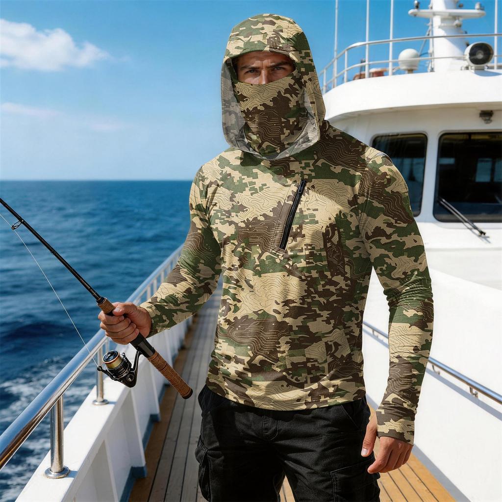 Men's Casual Camouflage Print Hooded Long Sleeve Sun Protection Shirt Lightweight Breathable Outdoor Sports Top with Zipper Pocket