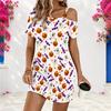 Women Plus Size One Shoulder Short Sleeve Loose White Halloween Printed Dress