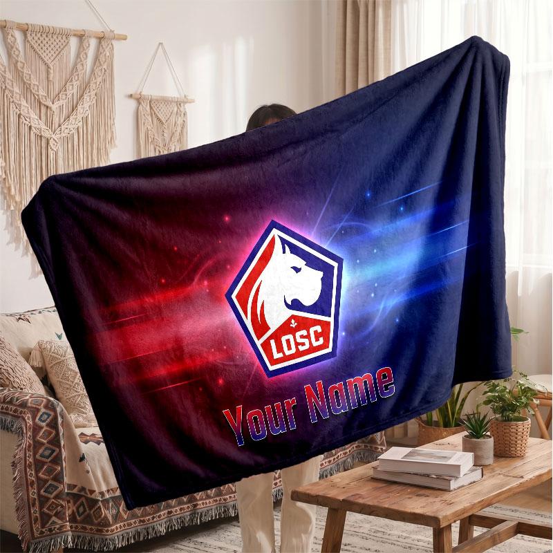 LOSC Lille FC Personalized Fleece Blanket With Football Logo, Custom Name Text Soft Warm Home Throw Blanket