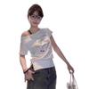 Women's Retro Off-Shoulder Letter Print White T-shirt - Slim Fit, Slanted Shoulder, Short Sleeve Summer Top