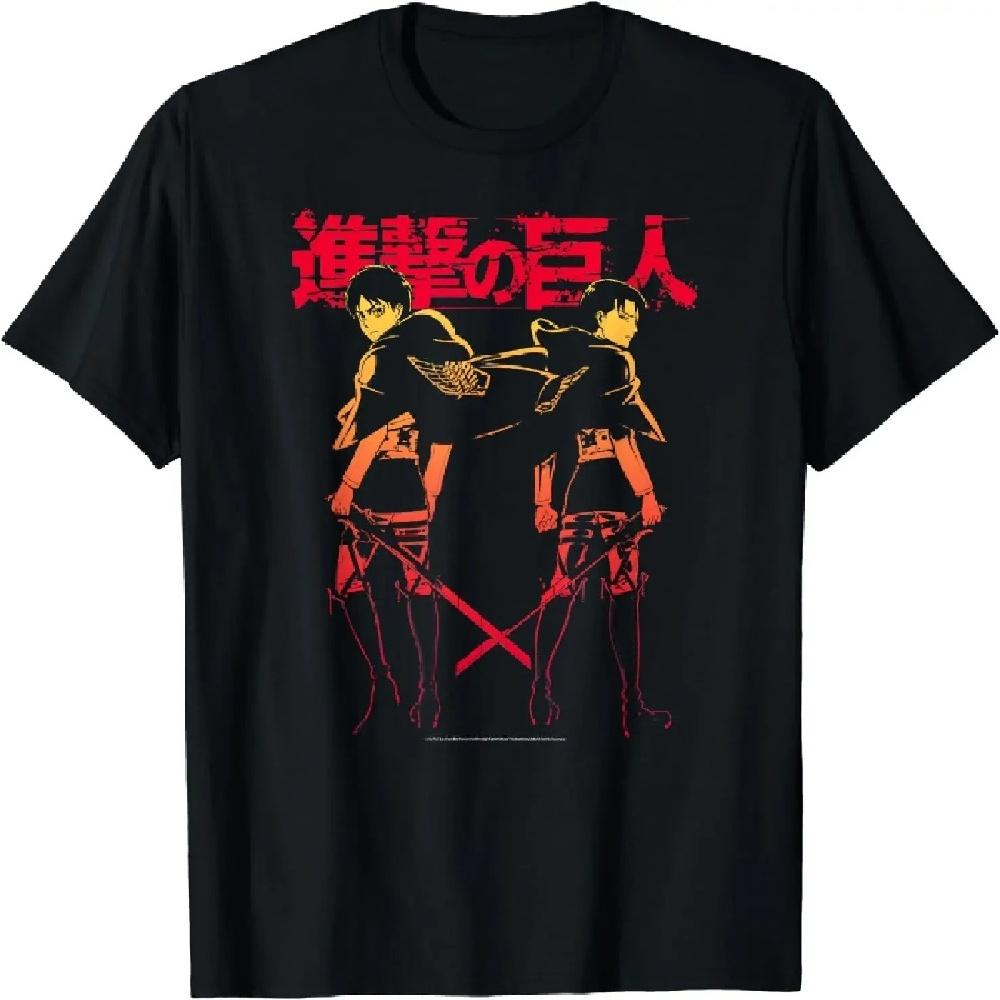 Attack On Titan Levi & Eren Gradient with Japanese Logo T-Shirt Japanese Anime Clothing Shirts for Men Camiseta Hombre