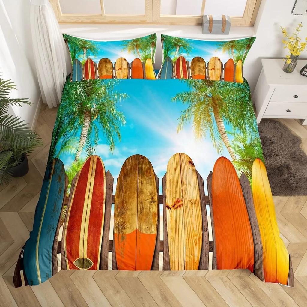 Surf Duvet Cover Set Retro Posters Group Summer Vacation Theme Water Sports California Beach Surfboard Wood Board Bedding Sets