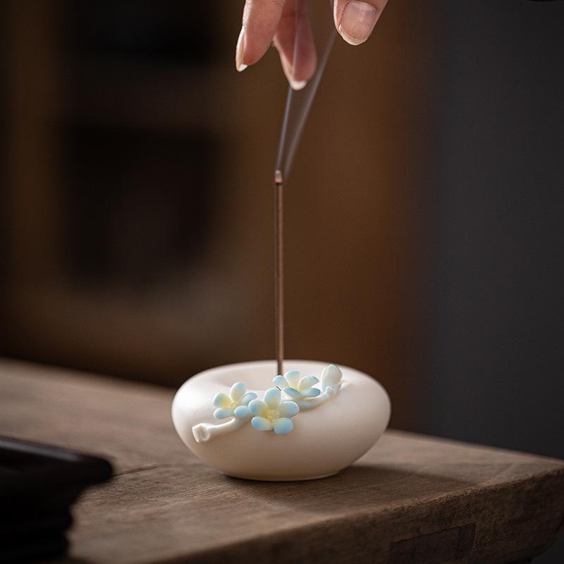 White Porcelain Plum Blossom Incense Holder: Handmade Vertical Stand for Indoor Use