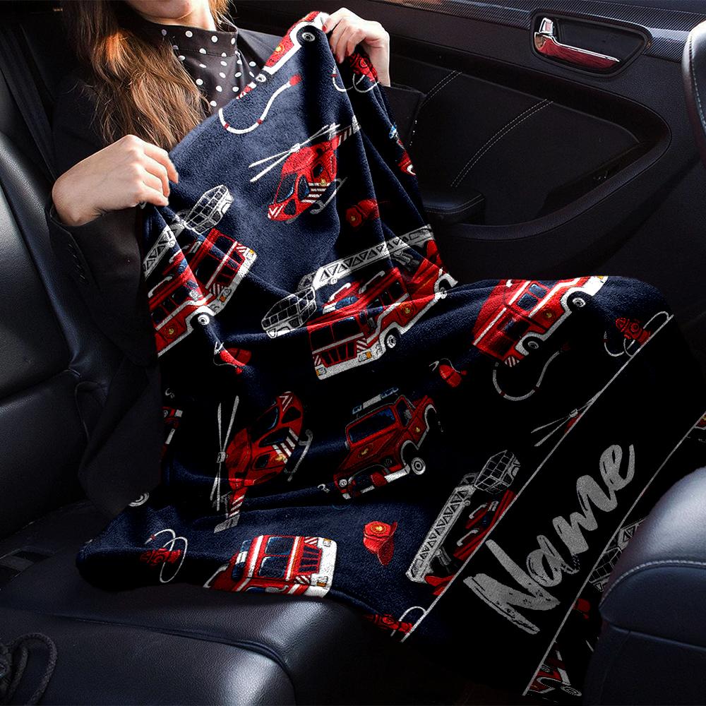 Custom Name fire truck Theme Printed Blanket - Perfect for Couch, Bed, Travel & Outdoor Use | Machine Washable, Cozy & Durable.