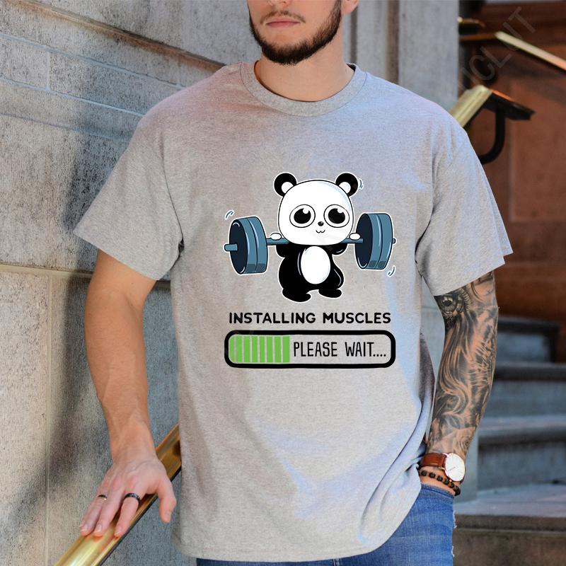 Funny Panda Gym Print T-Shirt Unisex Tees for Men Women O-neck Casual Short Sleeved Weightlifting Installing Muscles Basic Tops