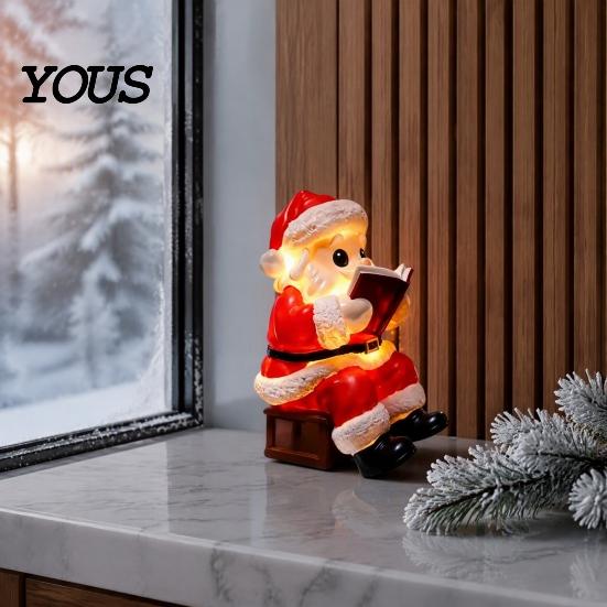 Xmas Party Decoration Santa Claus Night Light, Resin Christmas Tabletop Ornament with Gift for Family Warm LED Lighting, Holiday Bedroom Bedside Table