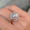 11-12mm Natural White Semiround Pearl Fashion Trendy Flower Ring 925 Silver Fine Wedding Jewelry for Women