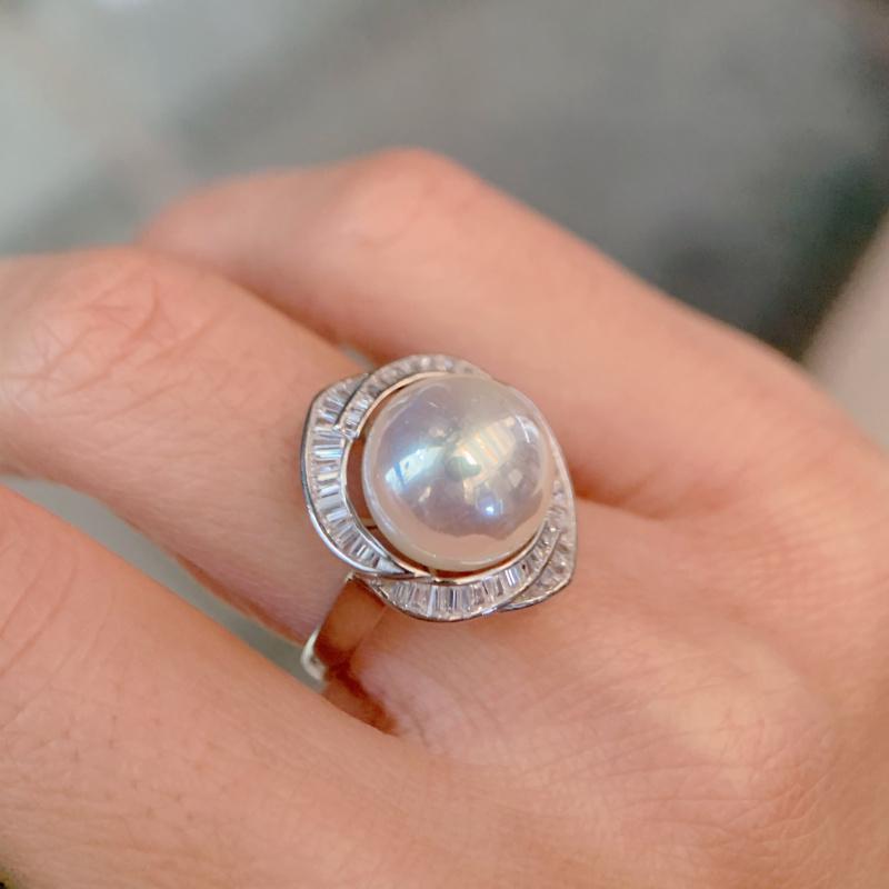 11-12mm Natural White Semiround Pearl Fashion Trendy Flower Ring 925 Silver Fine Wedding Jewelry for Women