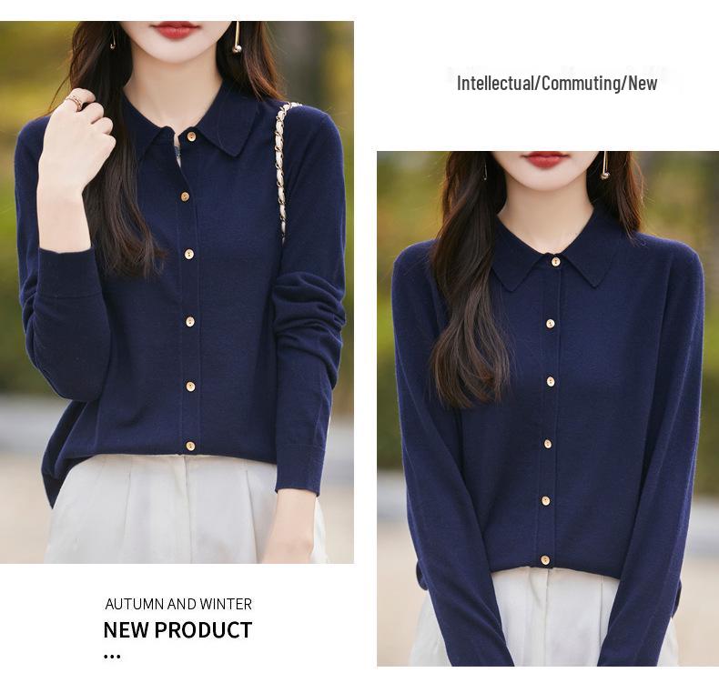 Polo Collar Knitted Cardigan: Slim Fit, Solid Color, Versatile for Spring & Autumn Women's Business Casual Wear