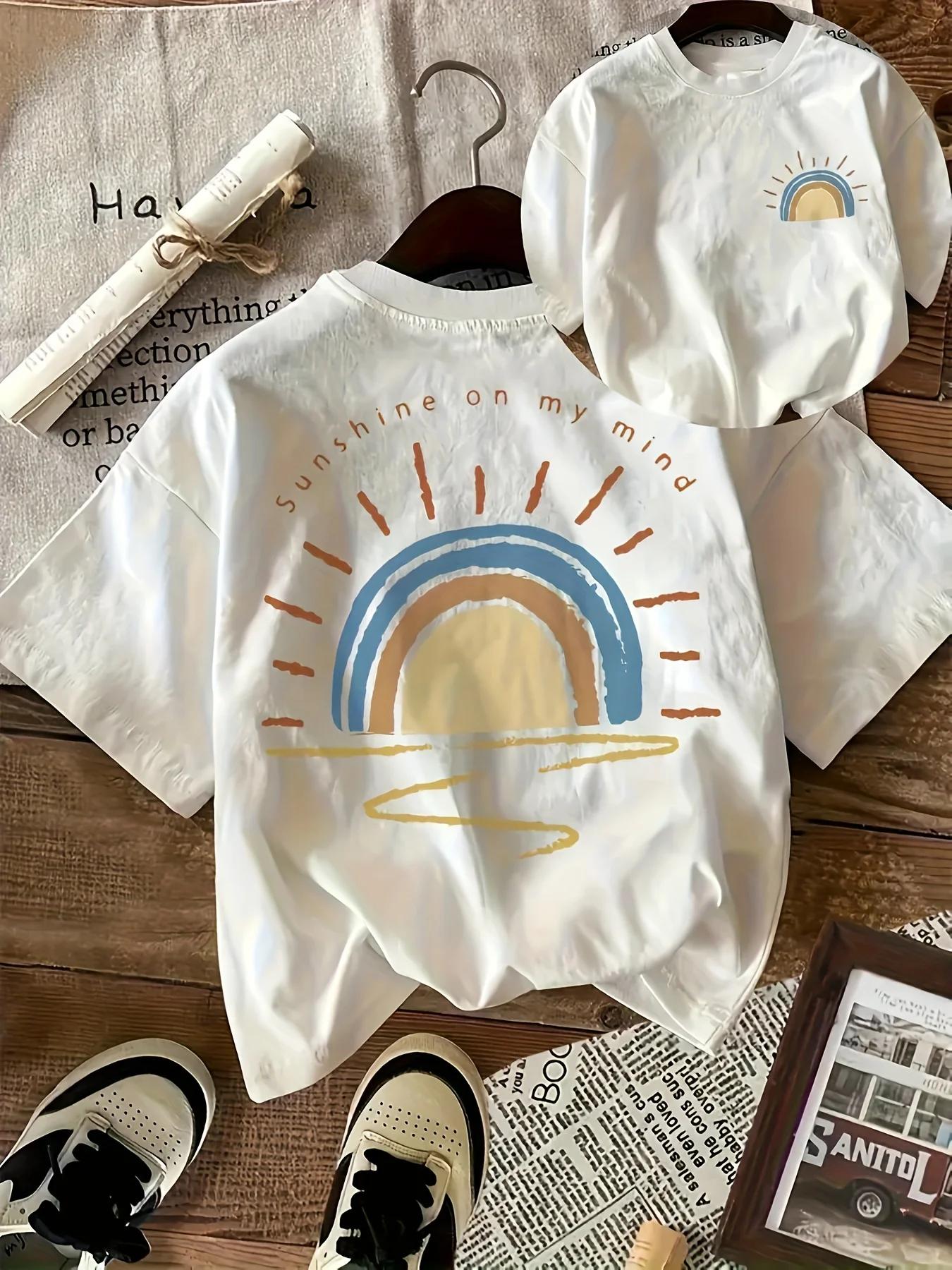 

Футболка с круглым вырезом и короткими рукавами с принтом граффити «Солнечный свет», в повседневном и простом стиле, подходит для лета, женская повседневная одежда 4XL