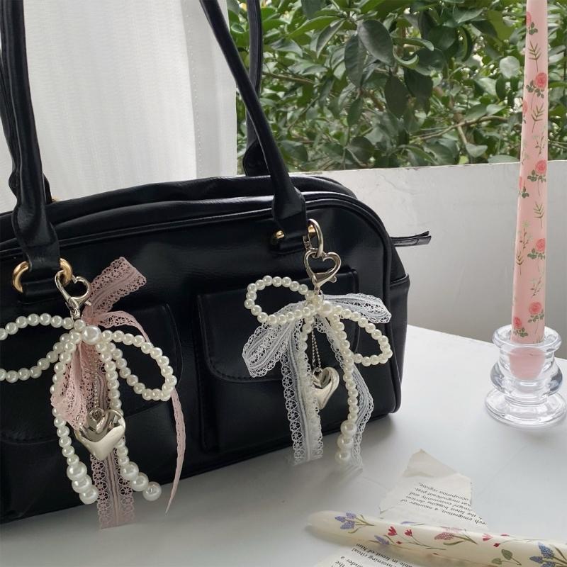 Elegant Lace Bows Keychain With Faux Pearls Detail For Women Girls Fashionable Bag Accessory Gift Alloy Keyring