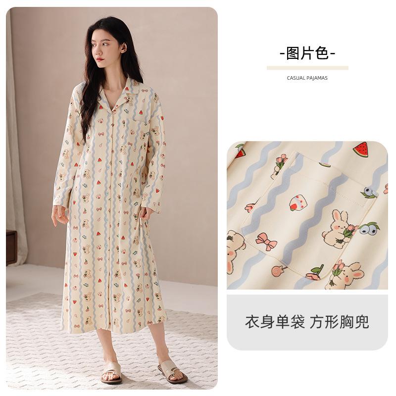 Pajama Women Spring And Autumn Cotton Long-Sleeved Pajama Skirt Sweet Cartoon Loose Large Size Can Be Worn Outside Loungewear