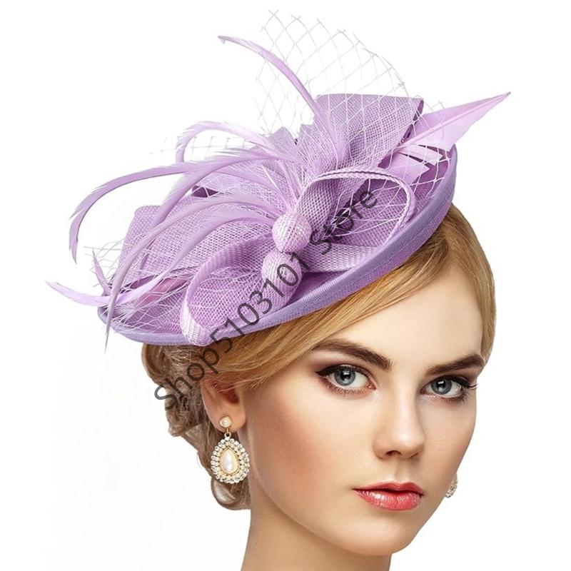 Vintage Exquisite Feathers Fascinator Hat Bowknot Elegant Tea Party Mesh Hair Band Sweet Hair Hoop Bride Headdress Dance Show