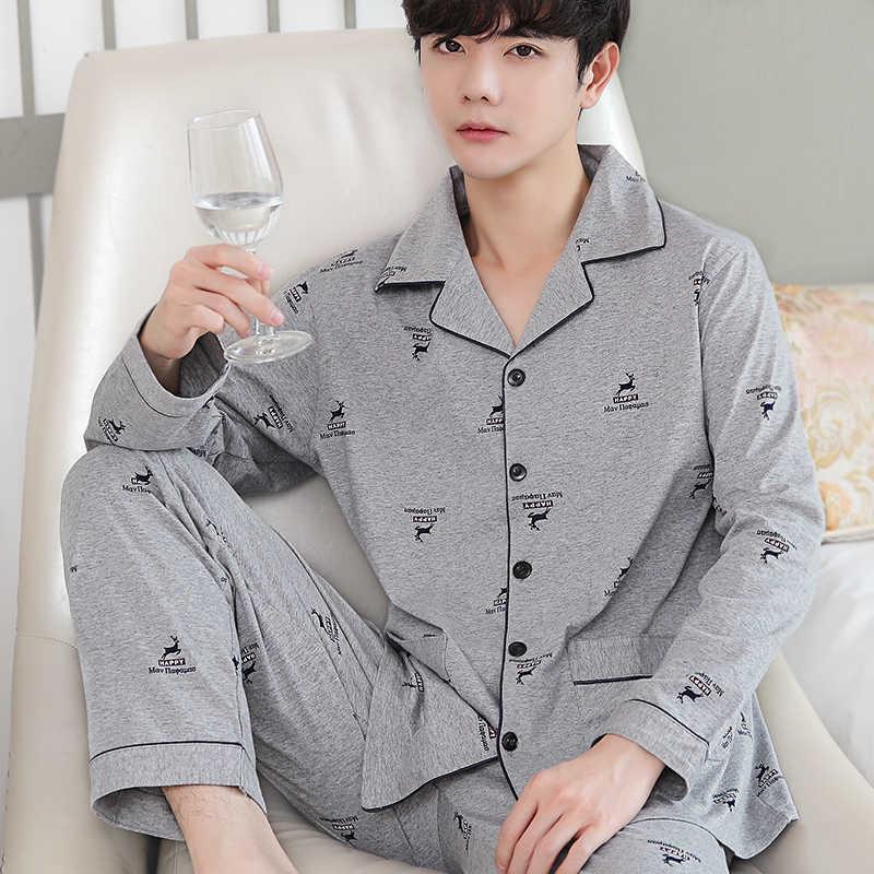 Men's 100% Cotton Long Sleeve and Pants Pajama Set - Plus Size, Spring/Autumn, Loose Fit, Two-Piece Home Wear
