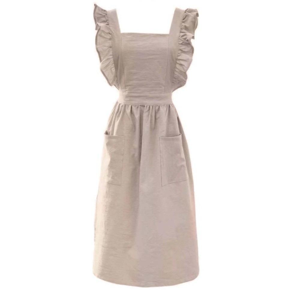 Французский Стиль Ретро Оборчатый Фартук Хлопок Регулируемый Хлопок Лен Фартук Большого Размера Однотонный Фартук с Оборками Выпечка