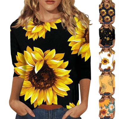 Yellow Sunflower Flower Print Blouse For Women Summer Vintage Casual Holiday Short Sleeve O Neck T-Shirts Top Clothes