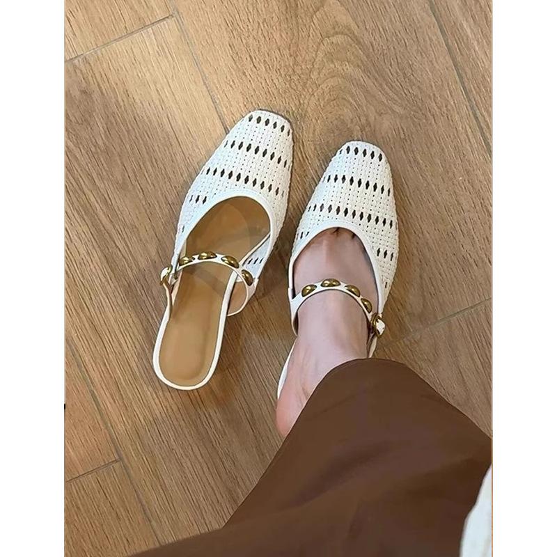 French Square Head Hollow Knitting Word with Sandals Drag Girl 2025 New Lazy with Skirt Slippers
