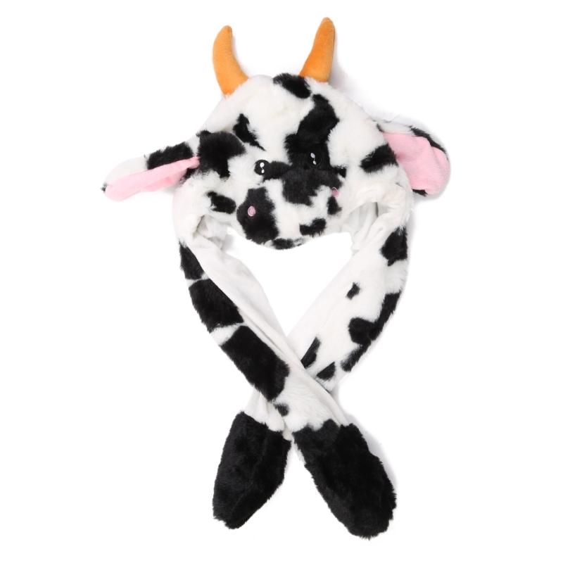 Ковбойская шляпа с двигающимися ушами, светодиодная шляпа-животное, детская шапка с ушками и помпонами, прыгающая шапка с ушками, светящаяся шапка с мягкими ушами, плюшевая шапка-бомбер 1 чёрный/белый