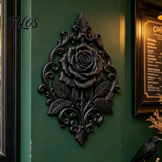 Niche Home Decoration Gothic Rose Wall Decor, 3D Printed Black Matte Floral Relief Hanging Dark Romantic Sculpture Sculpture, Baroque Style