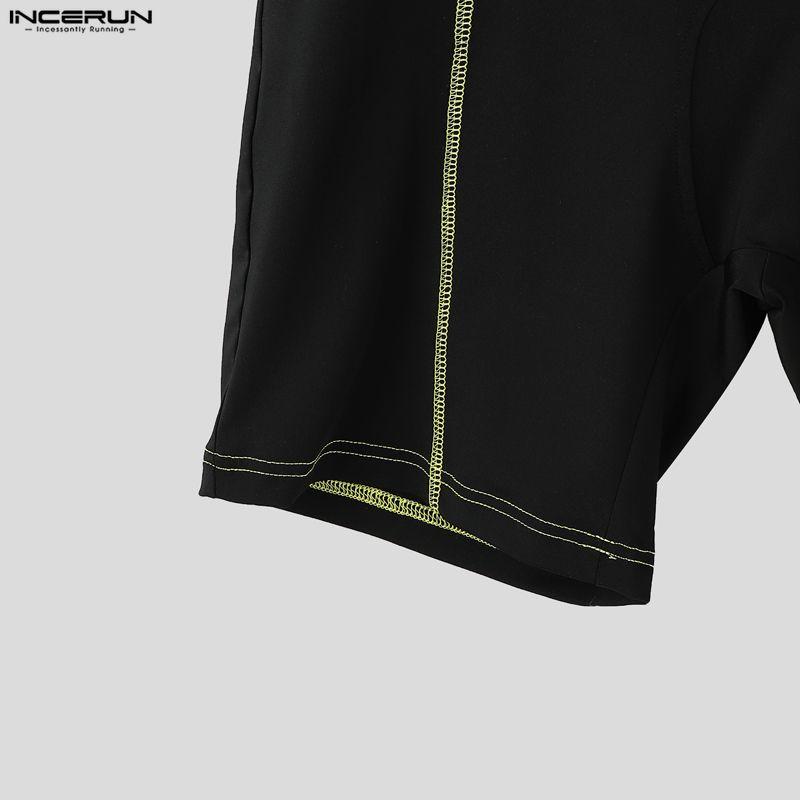INCERUN Men Short Sleeve Zip-up Stitching Biking Sports Gym Jumpsuits Fitted Rompers Underwear