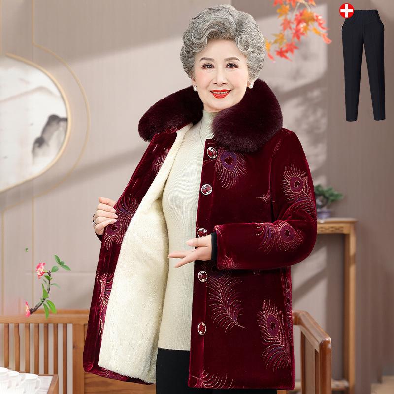 Women's Winter Warm Mid-Length Cotton Jacket for Middle-Aged and Elderly with Thick Velvet Lining