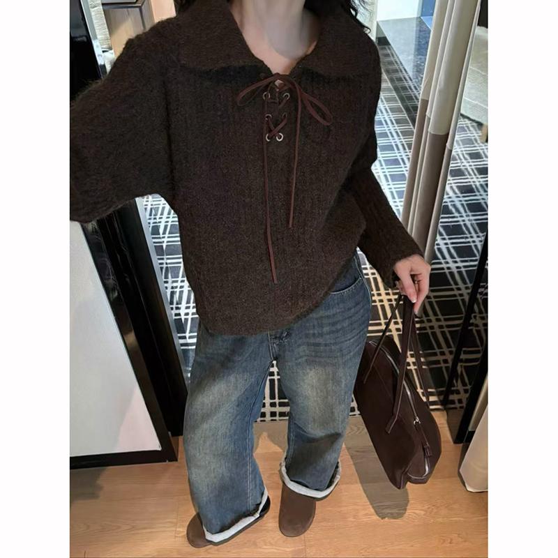 Vintage Sweater Women Harajuku Lace Up Knitted Pullovers Streetwear Korean Knitwears Winter Long Sleeve Casual Jumpers