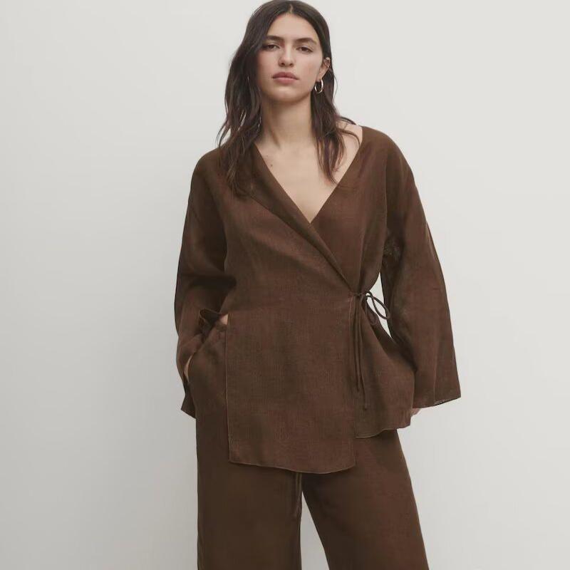 Zbzr Spring New Women Clothes Western Style Linen Kimono Cross Outerwear Fluid Pants 6078572 5057572