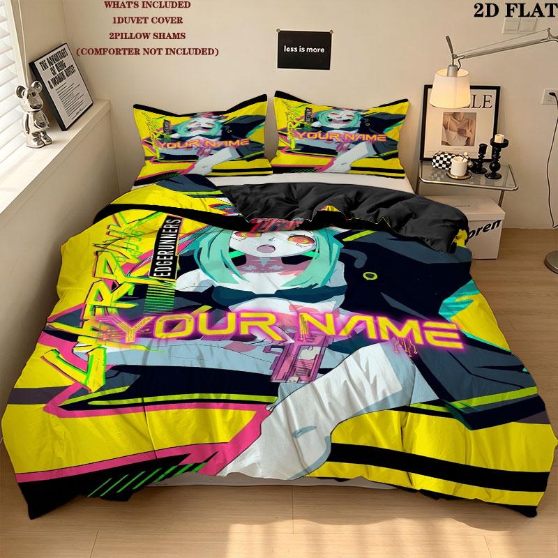 Cyberpunk Edgerunner Custom Name Pattern Bedding Quilt Set Quilt Cover Pillowcase Home Gift(1 * duvet cover + 2 * pillowcase, without core)