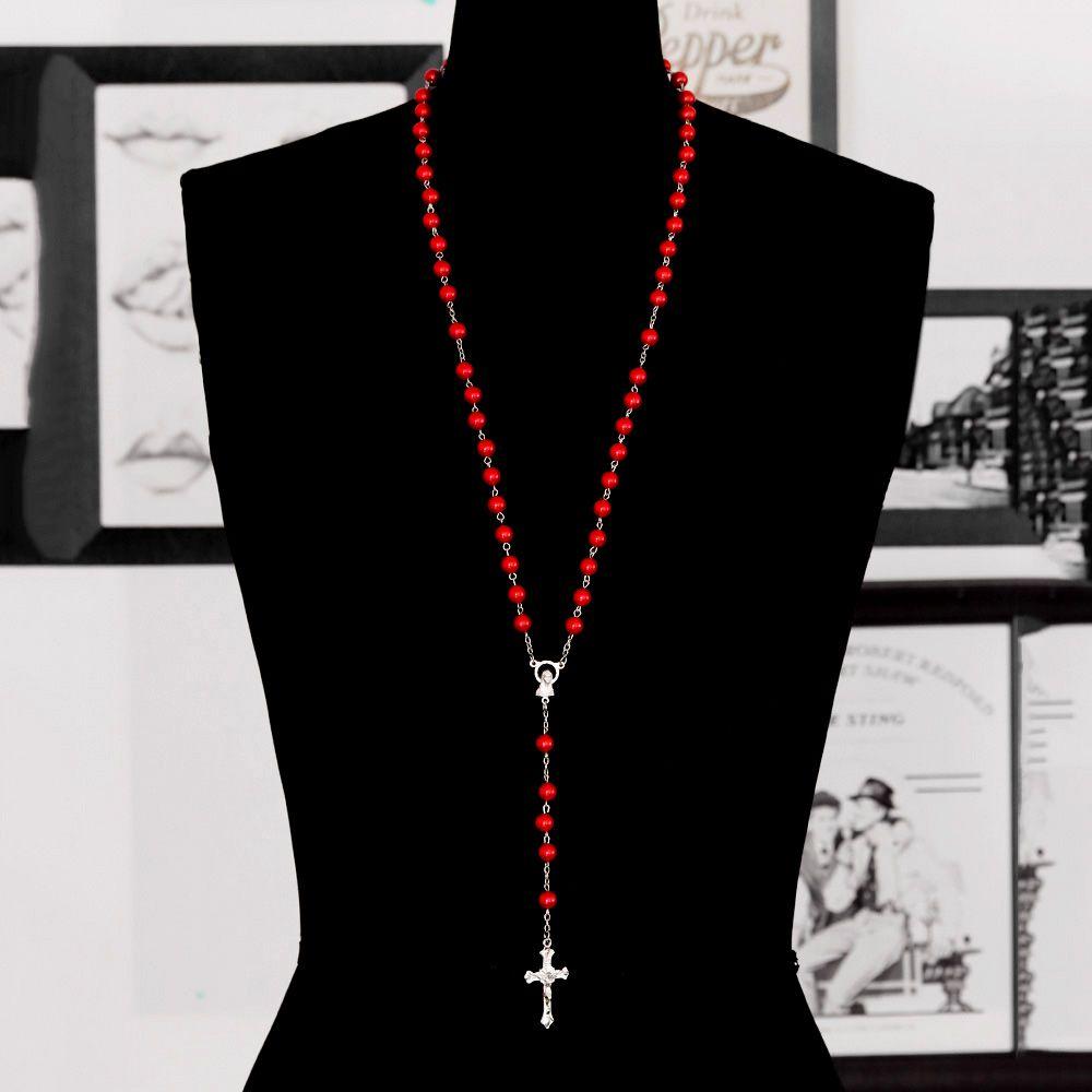Jewelry Crucifix Charm Vintage Cross Necklace Jesus Rosary Beads Chain Virgin Mary Pendant