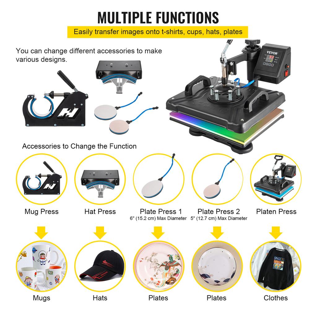 SucceBuy Heat Press 15x12 Inch 5/6/8 In 1 Digital Multifunctional Sublimation 360 Degree Rotation for T Shirts Hat Mug Cap Plate