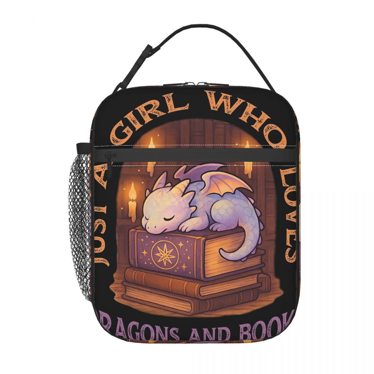 

Cute Dragon Sleeping On A Book Insulated Lunch Bag for Women Kids Leakproof Food Boxes Thermal Lunch Box Tote One Size