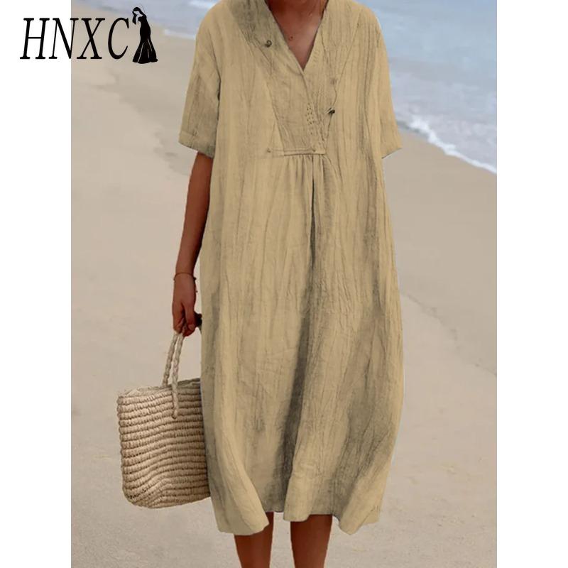 HNXC Women's Fashion Summer Spring Solid Color Print Short Sleeve V-Neck High Waist Casual Dresses