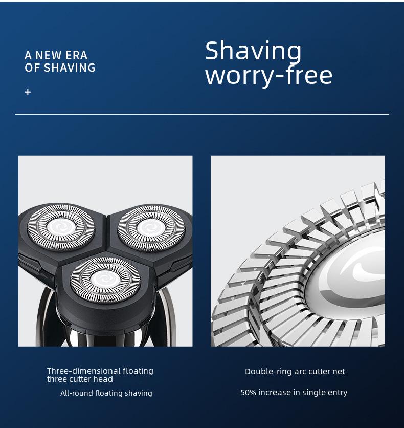 Rechargeable Waterproof Three-Blade Electric Shaver with Digital Display