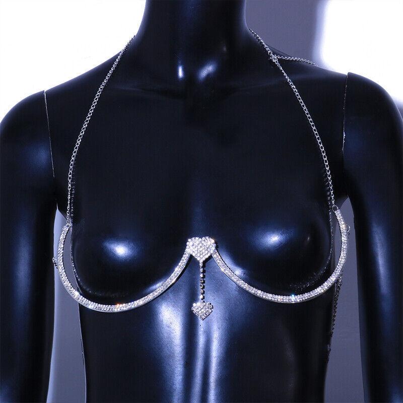 Women's Double Heart Rhinestone Pendant Bra Strap Body Chain