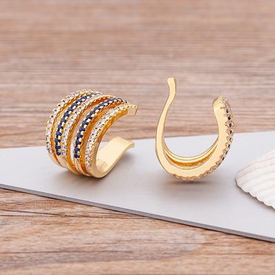 Nidin New Fashion Charm Copper CZ Multi-layer Ear Cuff Clip Earrings Female Trendy Crystal Stackable Earcuffs No Pierced Jewelry синий