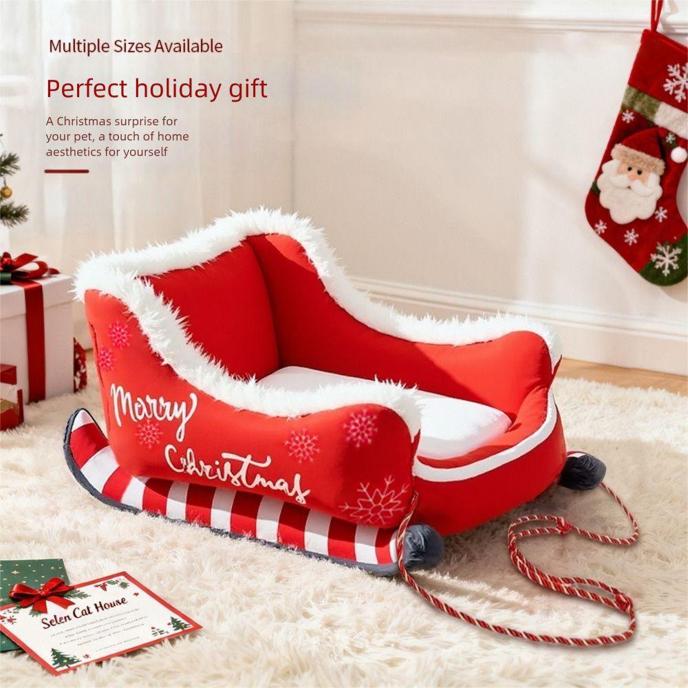 Cozy Christmas Sleigh Pet Bed Non-Slip Bottom Removable Pet Warm Sofa Washable Cat Dog Nest Indoor Outdoor