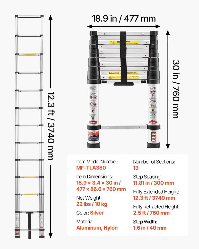 Scala Telescopica da 3,8 m, Estensione Pieghevole Multiuso Leggera in Alluminio, Scala a Retrazione One-Touch, Robusta, Capacità Massima 150 kg con