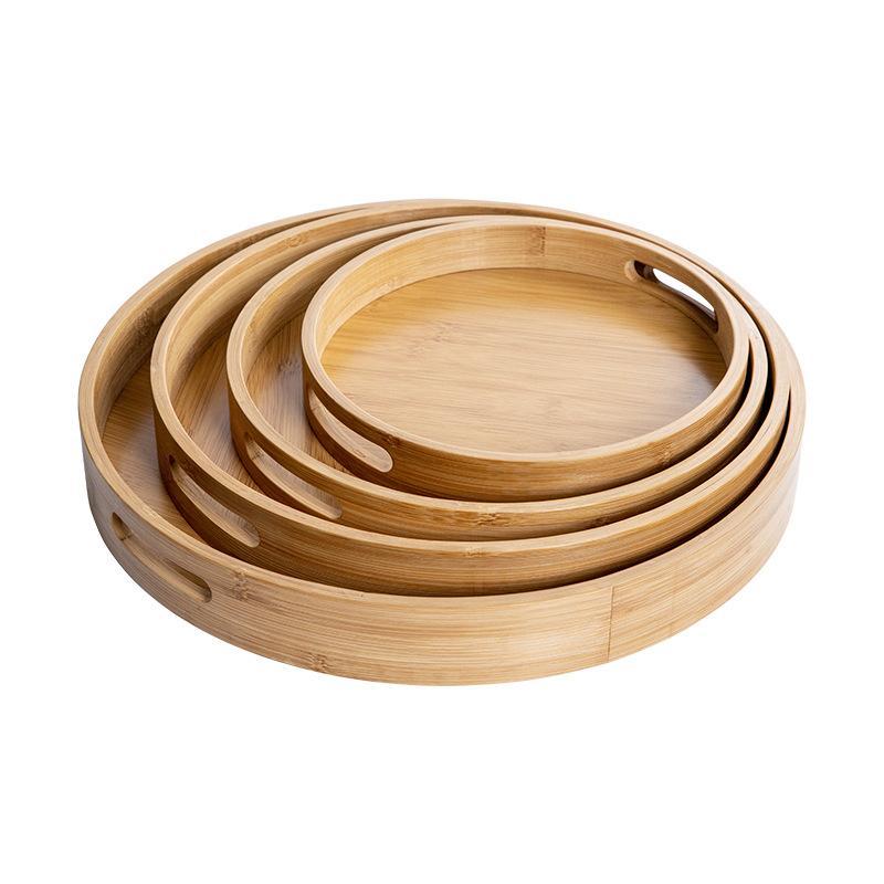 Round Bamboo Serving Tray With Handle Smooth Edge Wooden Platter 25-40CM for Bed Breakfast Snack Tea Serving Use