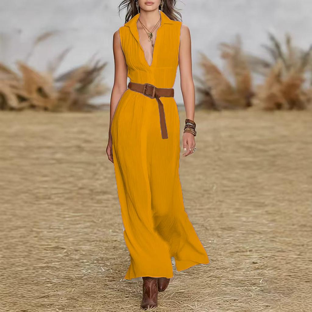 Women's Fashion Color V-neck Sleeveless Dress