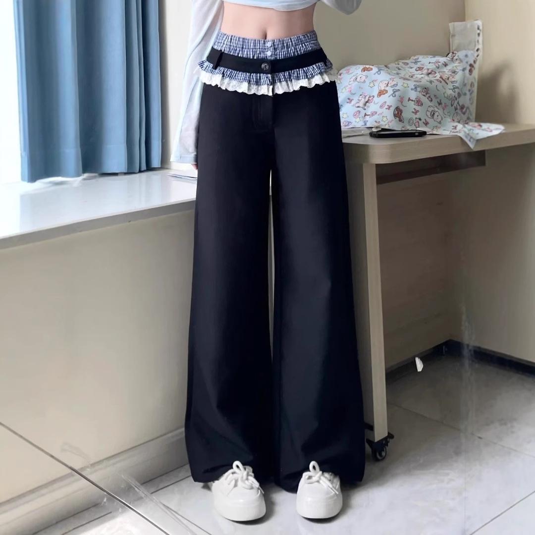 

Korean Style High Waist Plaid Patchwork Butt Flap Straight Leg Casual Pants with Lace Trim XL чёрный