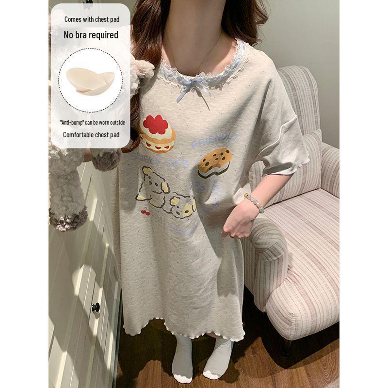 2026 Women's Grey Cartoon Summer Nightgown with Built-in Bra, Round Neck, Short Sleeve, Anti-Nipple, Thin Style for Outerwear and Home Wear.