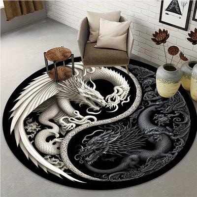 1Pcs Gothic Dragon Pattern Round Area Rug Indoor Non-Slip Washable Carpet, Non-Shedding Mat For Bedroom Living Room Office Machine Washable