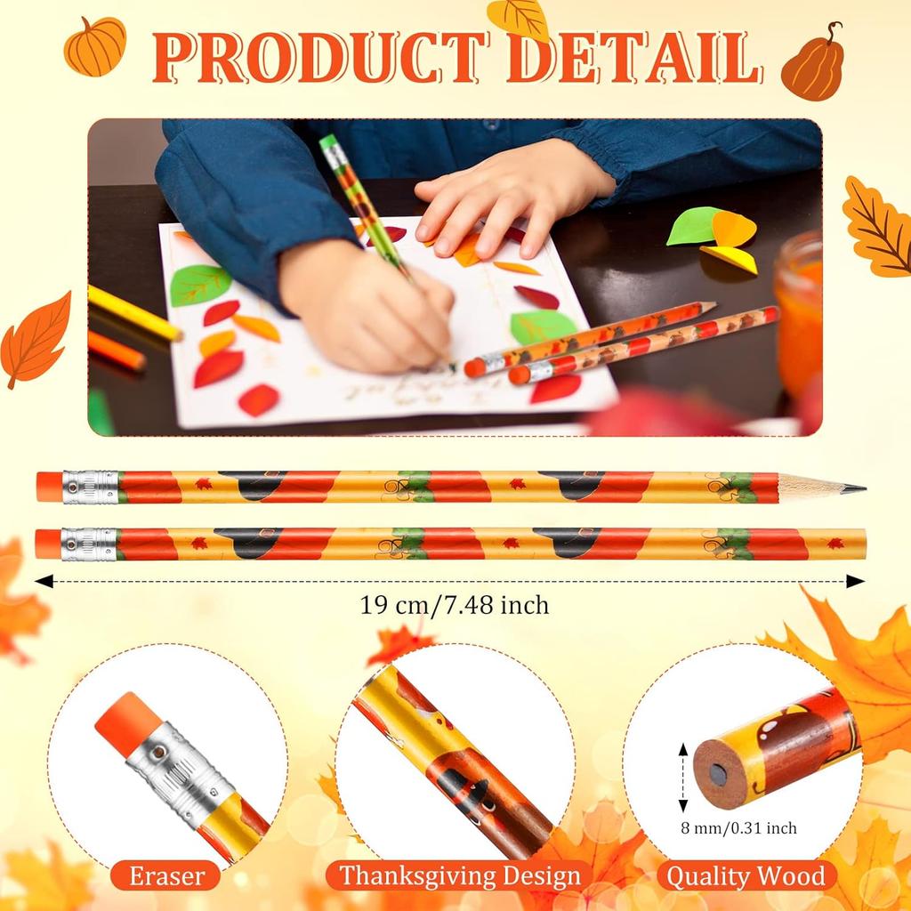 Crtiin 50 Pcs Fall Pencil Thanksgiving Assortment Wood Pencils Autumn Cylinder Funny Pencils Maple Leaf Turkey Pumpkin Decorative Pens for Kids