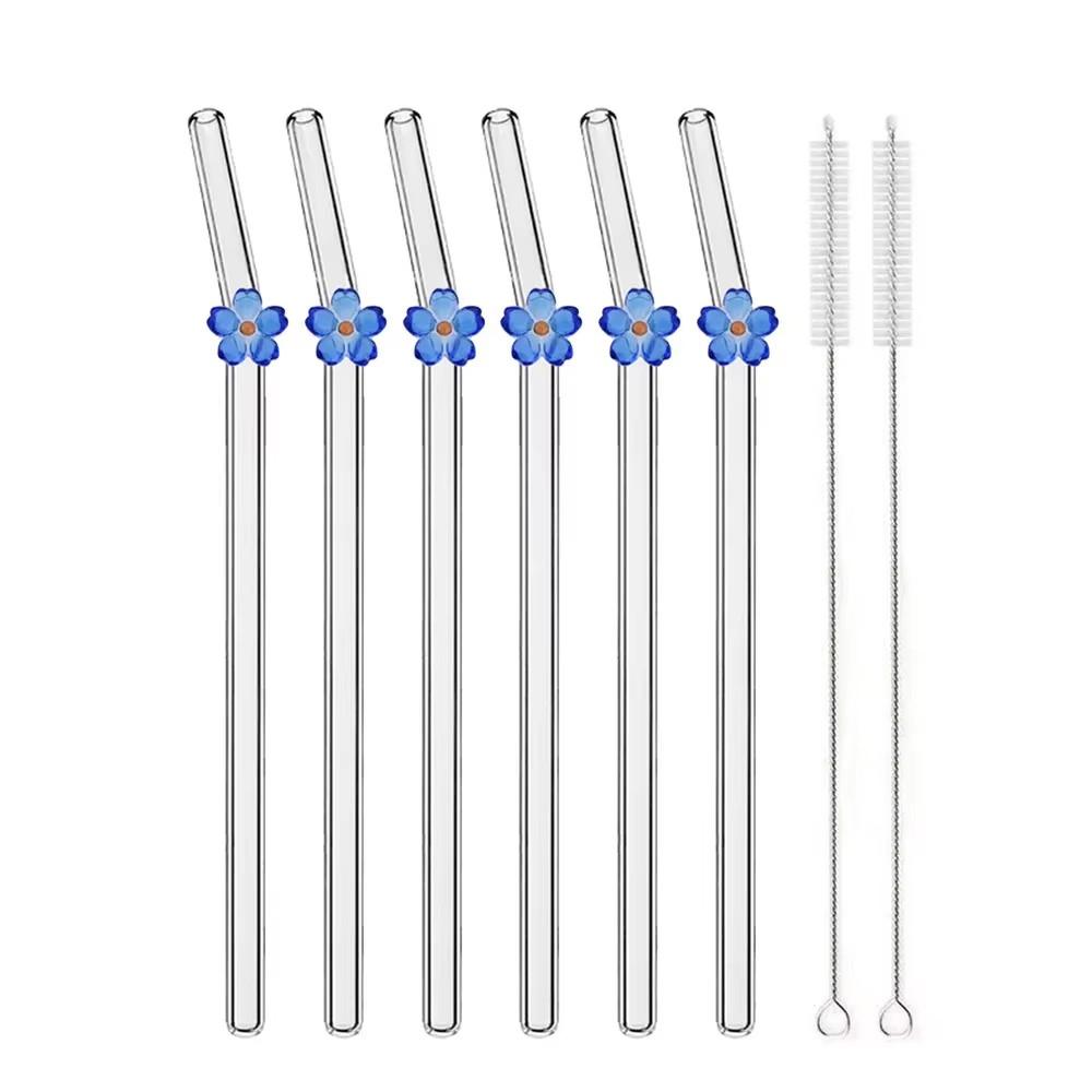 

6Pcs Flower Glass Straws Reusable Clear Straws for Smoothies Cocktails Drinking Eco Friendly Bar Tools Drinkware Straws with 2 Brushes синій
