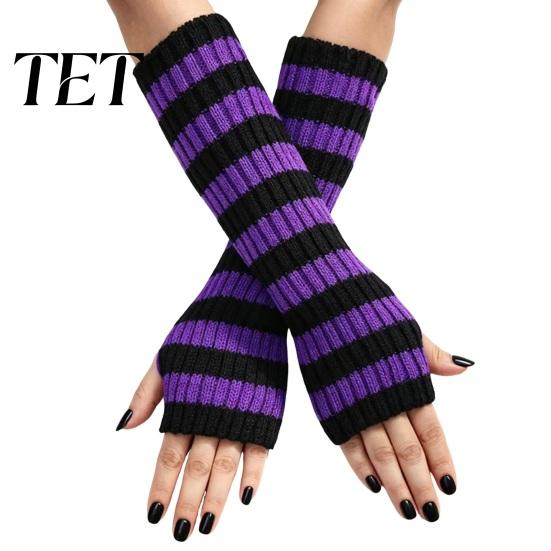 Stylish Half Finger Gloves Striped Knitted Arm Warmers for Women, Fingerless Sleeves, Soft Winter Daily Commuting Gear Thermal Wrist Autumn