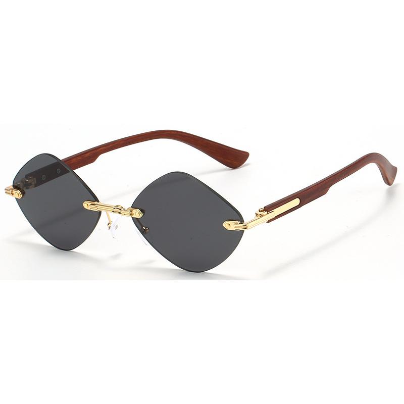 Fashion rhombus frameless trimmed sunglasses men's and women's wood grain European and American sunscreen sunglasses
