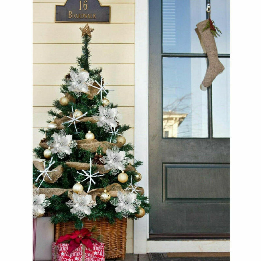 1 buc Flori artificiale cu sclipici de Crăciun Ornamente pentru pom de Crăciun, aur roșu, capete mari de flori pentru casă, decor de petrecere de Anul Nou.