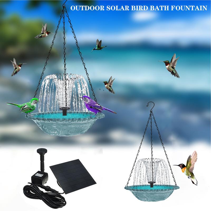 Solar Powered Hanging Bird Bath with Fountain Pump Multifunctional Bird Bath Basin Feeder and Drinker for Nature Lovers