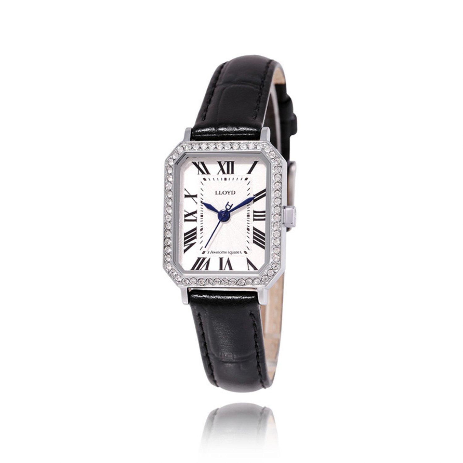 [LLOYD] Awesome Square Cubic Zirconia Accent Black Leather Watch LL2G21T06XSB