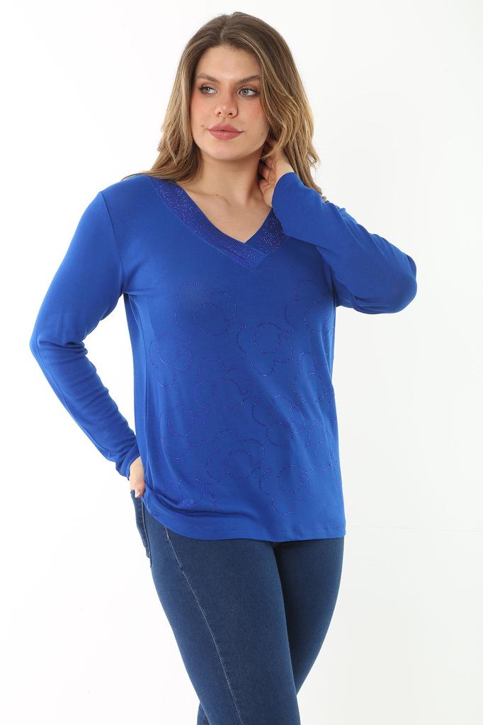 Damen Übergröße Bluse Plus Size Grün V-Ausschnitt Steinbesetzt Langarmbluse